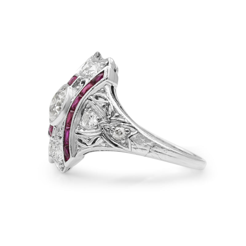 Platinum Art Deco Ruby and Diamond Ring