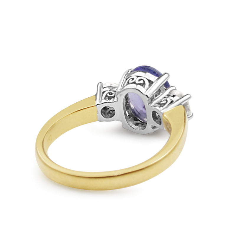 18ct Yellow and White Gold Tanzanite and Old Cut Diamond 3 Stone Ring