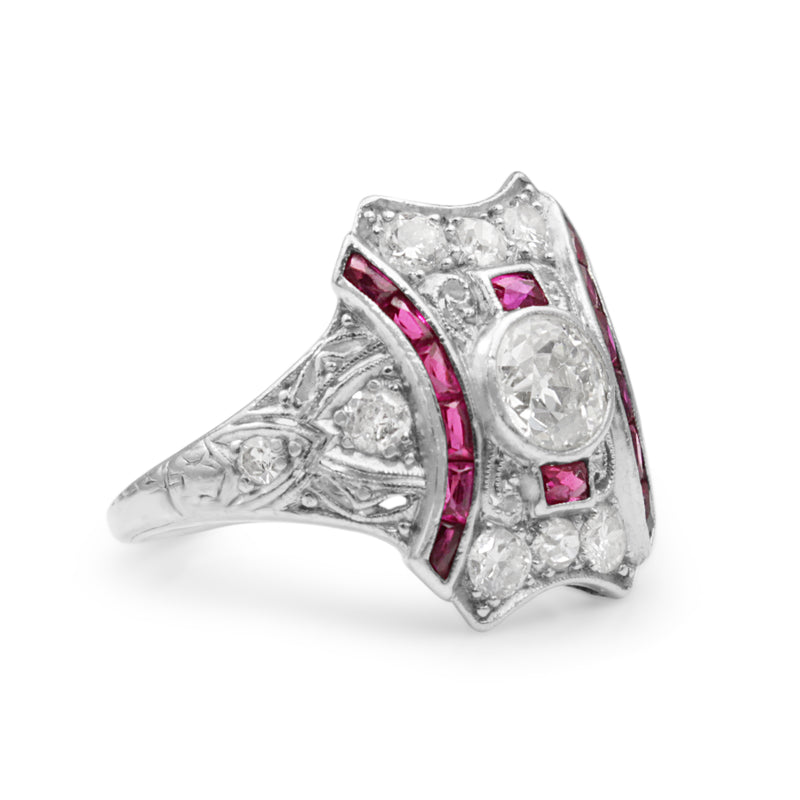 Platinum Art Deco Ruby and Diamond Ring