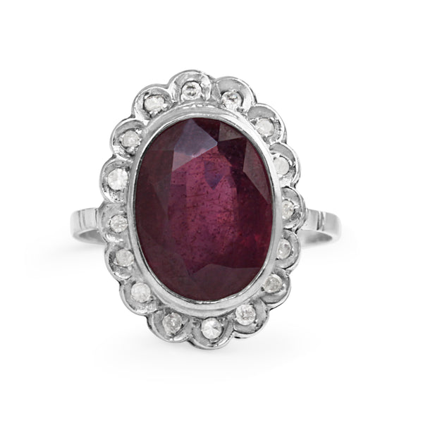 Platinum Deco Diamond and Treated Ruby Ring