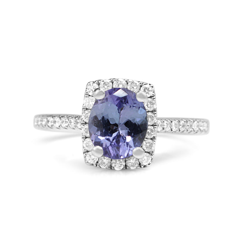 18ct White Gold Tanzanite and Diamond Halo Ring