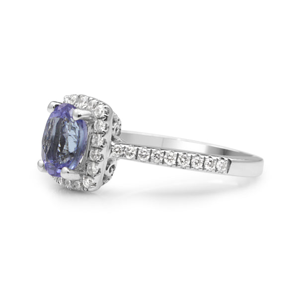 18ct White Gold Tanzanite and Diamond Halo Ring