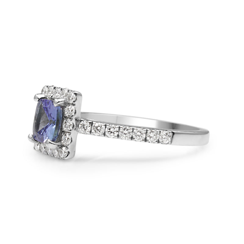 18ct White Gold Tanzanite and Diamond Halo Ring