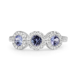 9ct White Gold Tanzanite and Diamond Triple Halo Ring