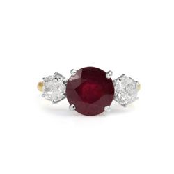 18ct Yellow Gold and Platinum 3 Stone Treated Ruby and Diamond Ring
