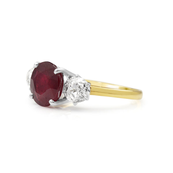 18ct Yellow Gold and Platinum 3 Stone Treated Ruby and Diamond Ring