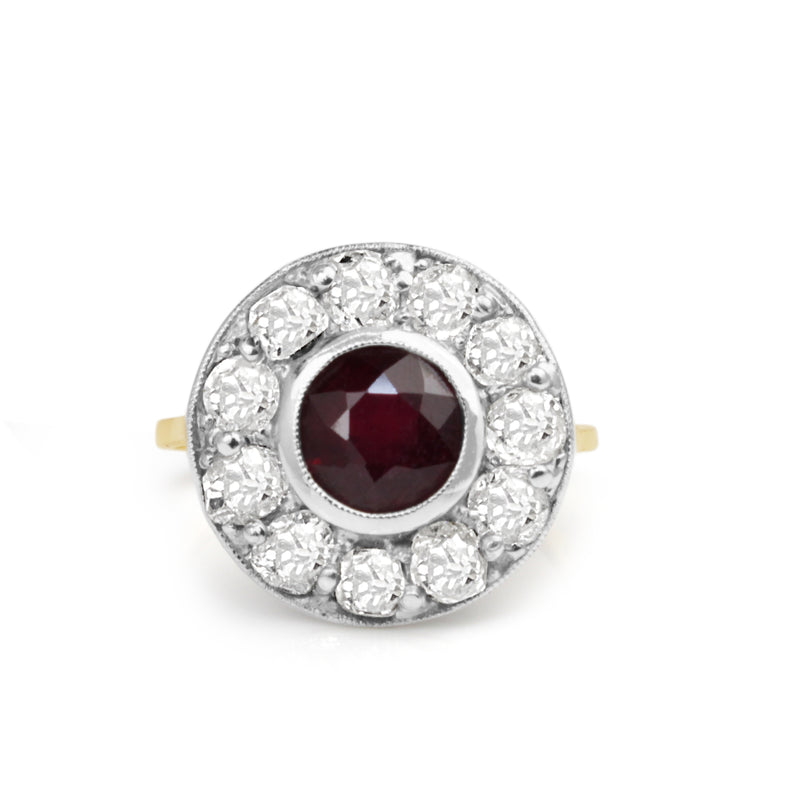 14cy Yellow Gold and Platinum Antique Treated Ruby and Diamond Ring