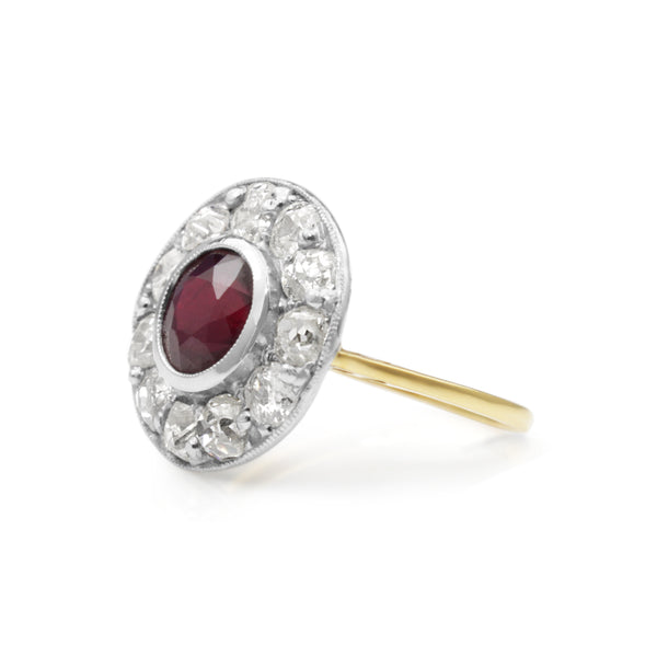 14cy Yellow Gold and Platinum Antique Treated Ruby and Diamond Ring