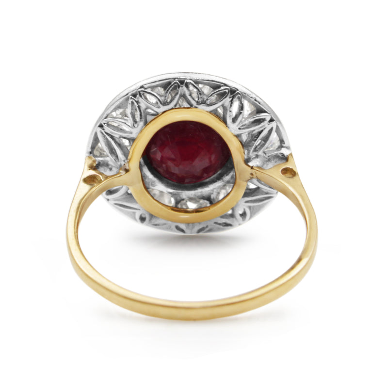 14cy Yellow Gold and Platinum Antique Treated Ruby and Diamond Ring