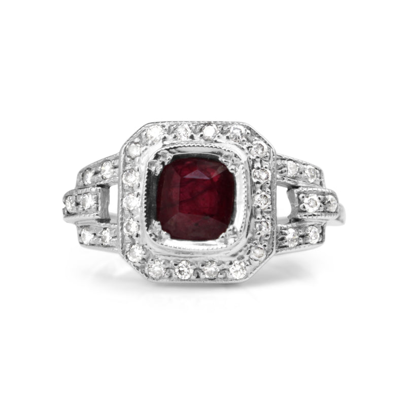 9ct White Gold Ruby and Diamond Art Deco Style Ring