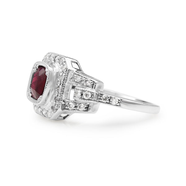 9ct White Gold Ruby and Diamond Art Deco Style Ring