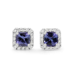 18ct White Gold Tanzanite and Diamond Square Halo Earrings