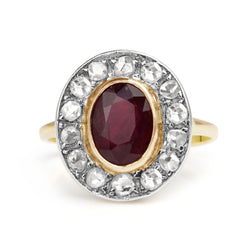 18ct Yellow and White Gold Antique Treated Ruby and Diamond Ring