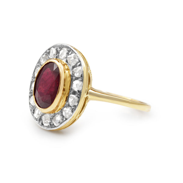 18ct Yellow and White Gold Antique Treated Ruby and Diamond Ring