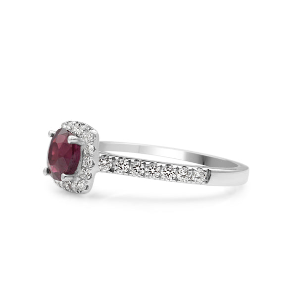 18ct White Gold Natural Ruby and Diamond Halo Ring