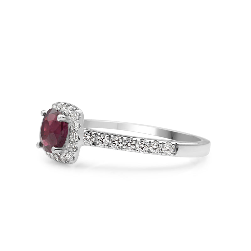 18ct White Gold Natural Ruby and Diamond Halo Ring