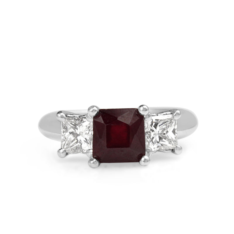 18ct White Gold Treated Ruby and Diamond 3 Stone Ring