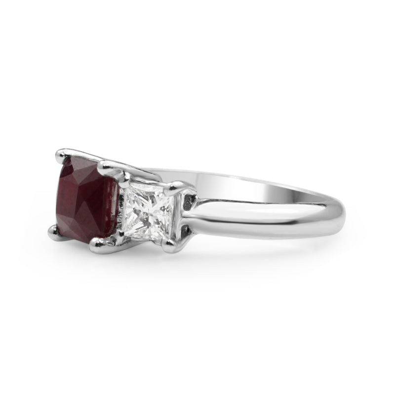 18ct White Gold Treated Ruby and Diamond 3 Stone Ring