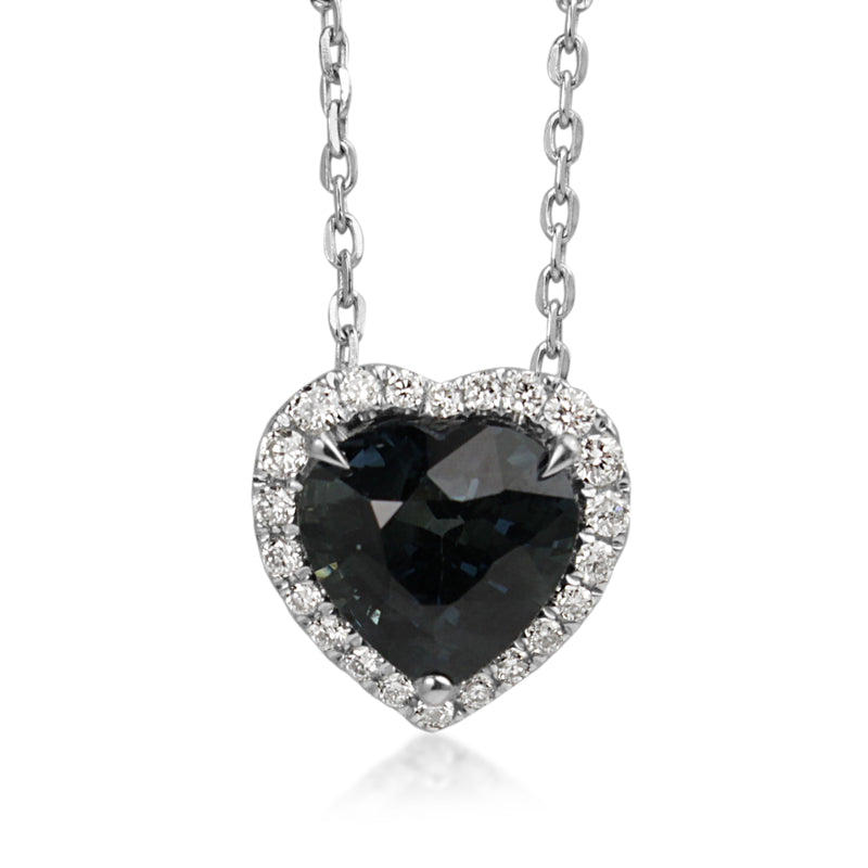 18ct White Gold Heart Sapphire and Diamond Halo Necklace