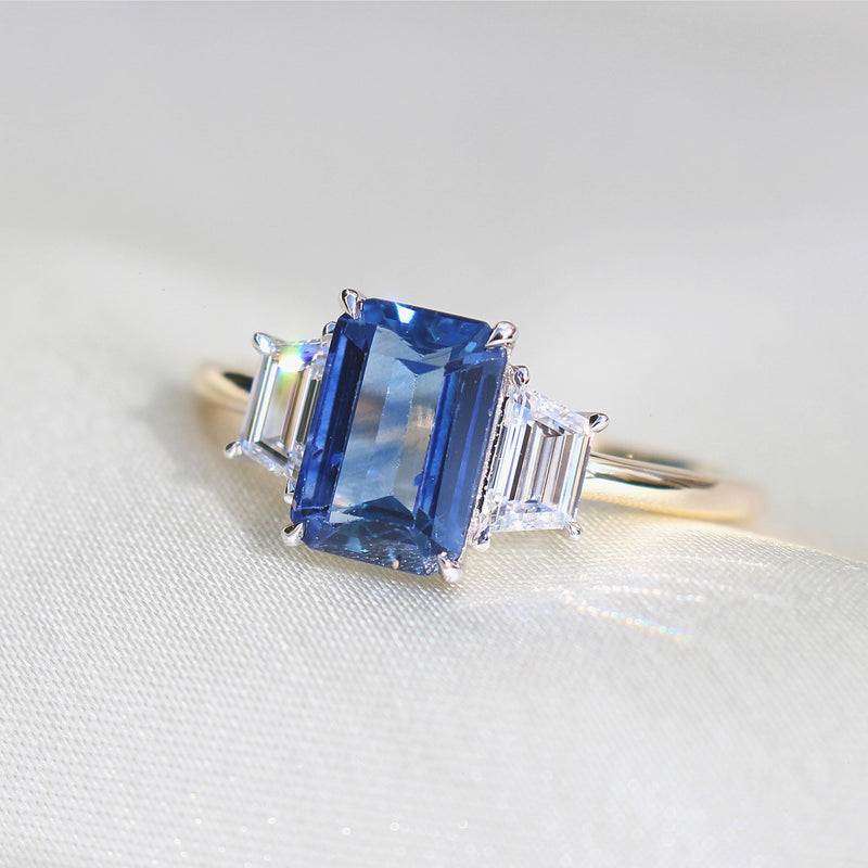 18ct Yellow and White Gold Emerald Cut Sapphire and Baguette Diamond Ring