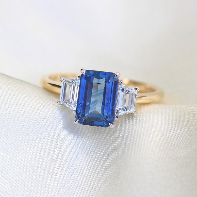 18ct Yellow and White Gold Emerald Cut Sapphire and Baguette Diamond Ring