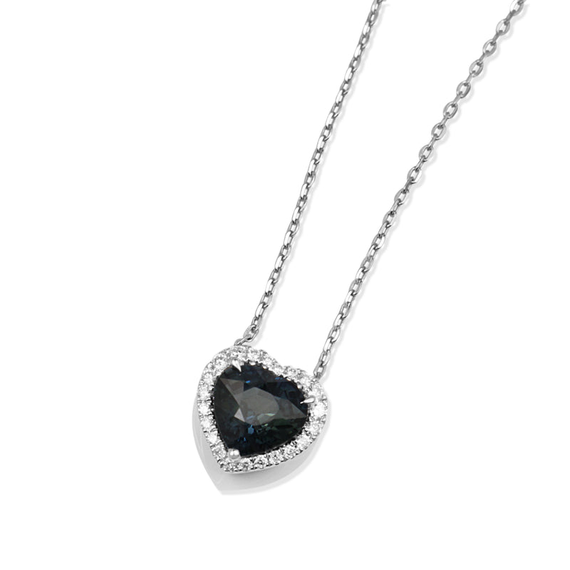 18ct White Gold Heart Sapphire and Diamond Halo Necklace