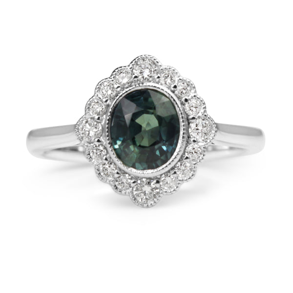 18ct White Gold Teal Sapphire and Diamond Daisy Halo Ring