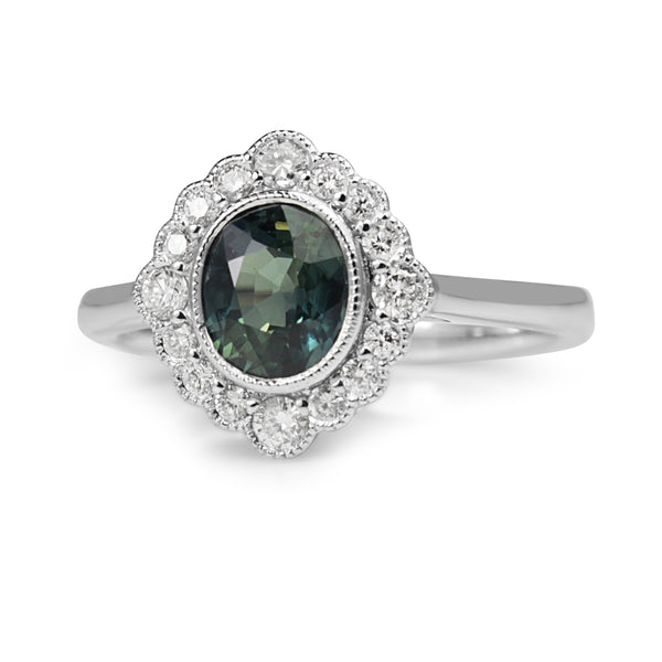 18ct White Gold Teal Sapphire and Diamond Daisy Halo Ring