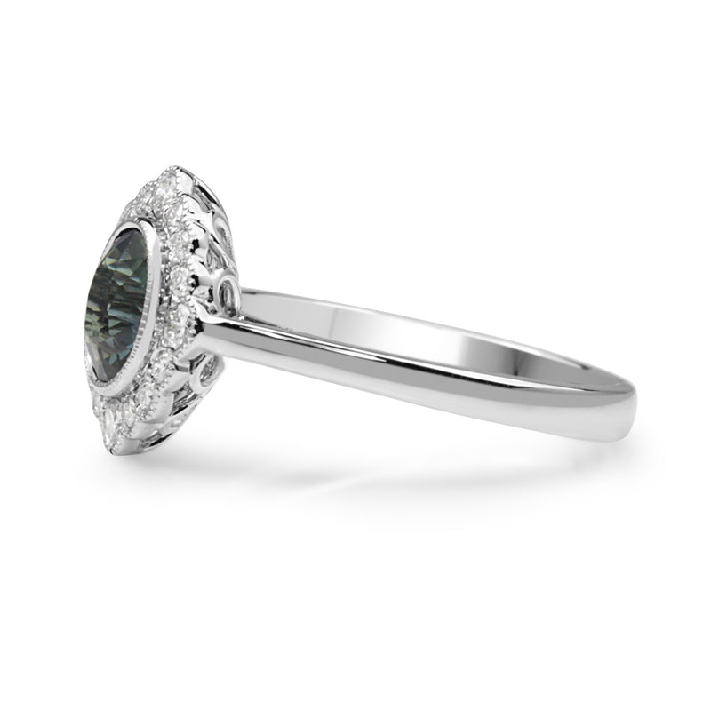 18ct White Gold Teal Sapphire and Diamond Daisy Halo Ring