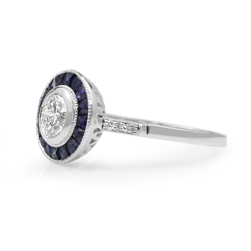 Platinum Sapphire and Diamond Art Deco Style Target Ring