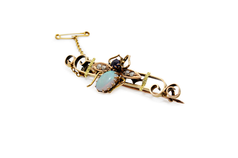 14ct Antique Opal, Pearl and Sapphire Insect / Bee Brooch
