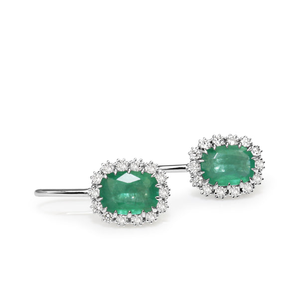 18ct White Gold Emerald and Diamond Halo Earrings