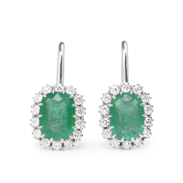 18ct White Gold Emerald and Diamond Halo Earrings