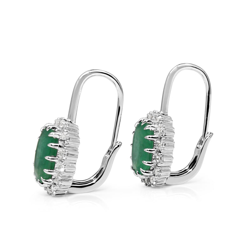 18ct White Gold Emerald and Diamond Halo Earrings