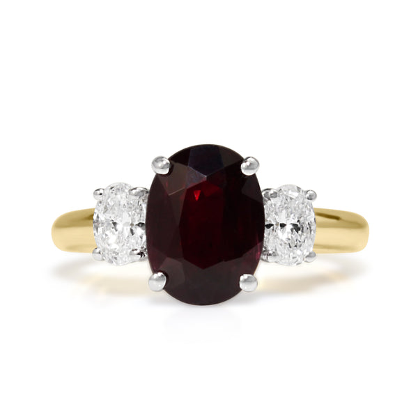 18ct Yellow and White Gold Oval Ruby and Diamond 3 Stone Ring