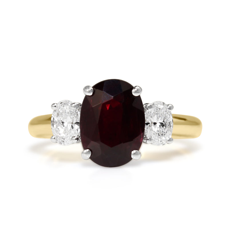 18ct Yellow and White Gold Oval Ruby and Diamond 3 Stone Ring
