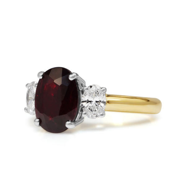 18ct Yellow and White Gold Oval Ruby and Diamond 3 Stone Ring