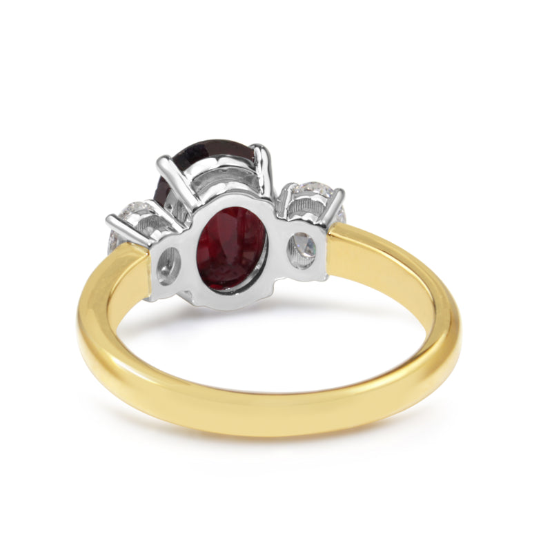 18ct Yellow and White Gold Oval Ruby and Diamond 3 Stone Ring