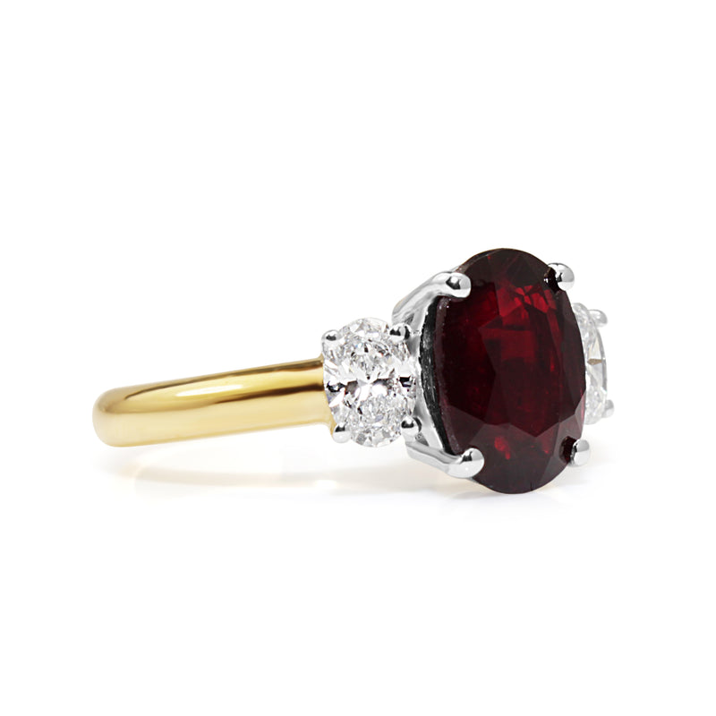 18ct Yellow and White Gold Oval Ruby and Diamond 3 Stone Ring