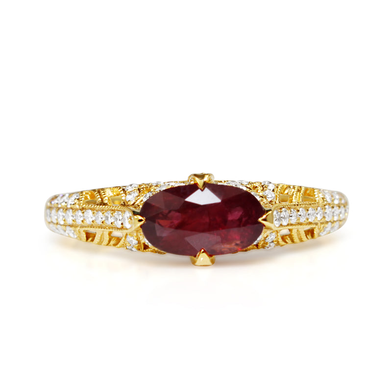 18ct Yellow Gold Vintage Style Ruby and Diamond Ring