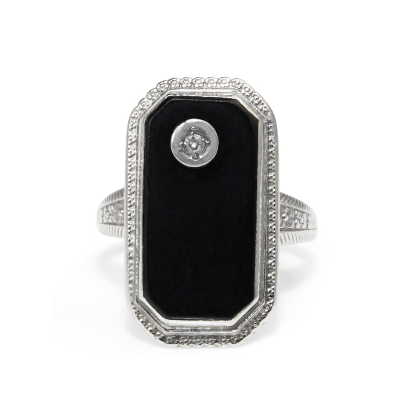 10ct White Gold Onyx and Diamond Art Deco Ring