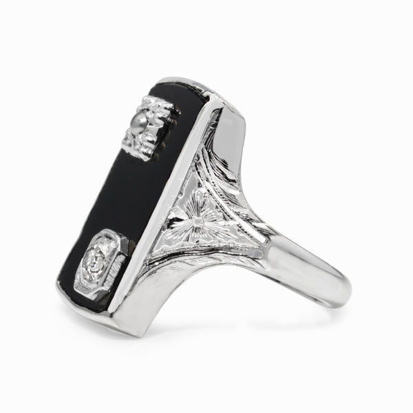 14ct White Gold Art Deco Pearl, Onyx and Old Cut Diamond Ring