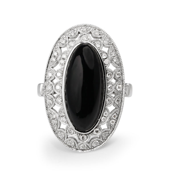 18ct White Gold Deco Style Onyx and Diamond Ring