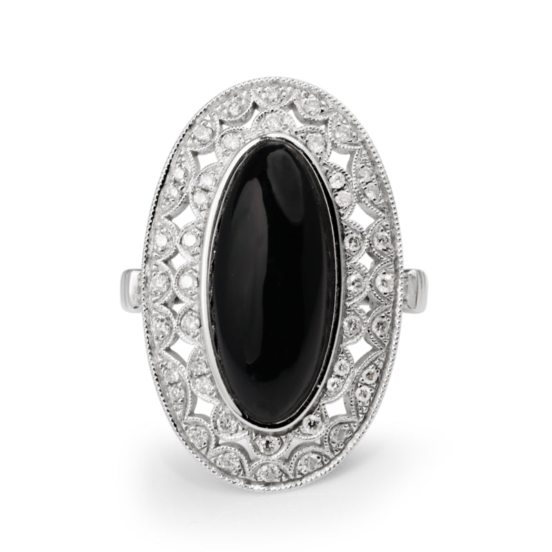 18ct White Gold Deco Style Onyx and Diamond Ring