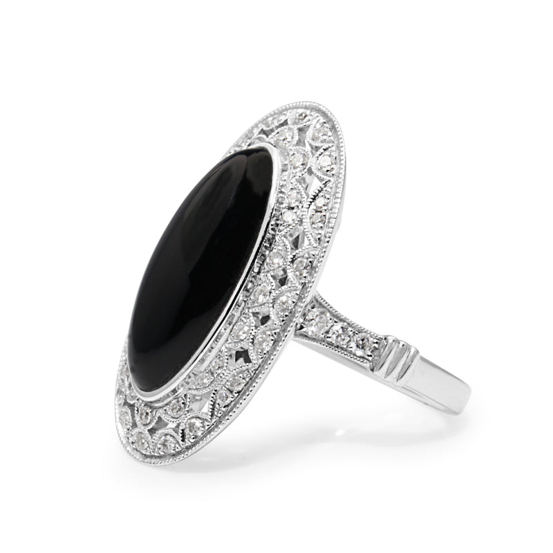 18ct White Gold Deco Style Onyx and Diamond Ring