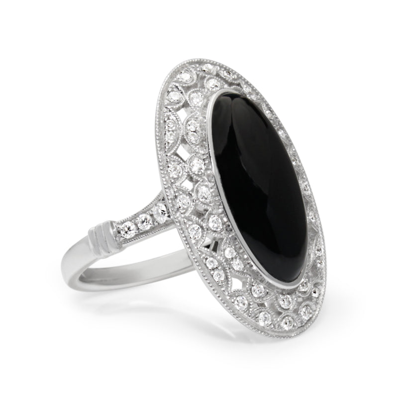 18ct White Gold Deco Style Onyx and Diamond Ring