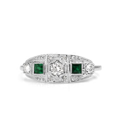 18ct White Gold Emerald and Diamond Art Deco Style Ring