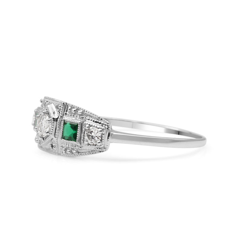 18ct White Gold Emerald and Diamond Art Deco Style Ring