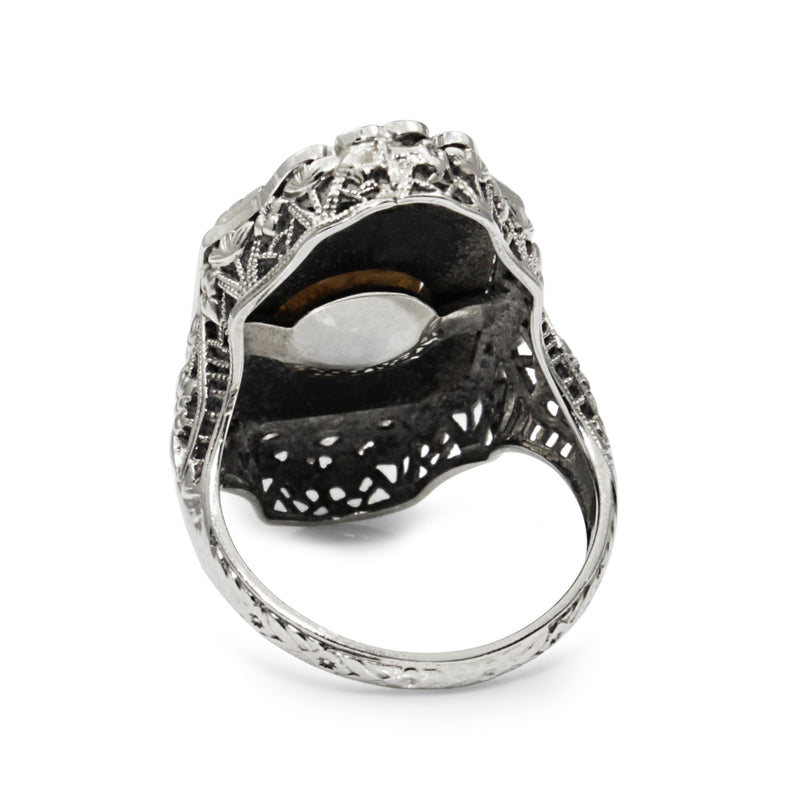 18ct White Gold Art Deco Onyx, Pearl and Old Cut Diamond Ring