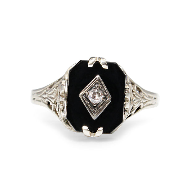 10ct White Gold Art Deco Onyx and Diamond Ring